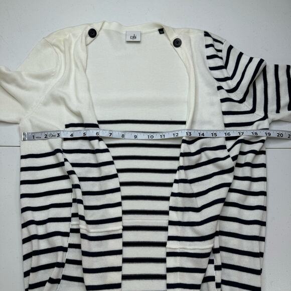 Cabi Duster Cardigan Open Sweater Women's Medium Navy Cream Striped Long Knit - Picture 9 of 13